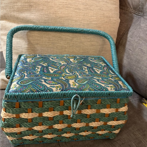 Other - Vintage Woven Sewing Basket with Paisley Lid